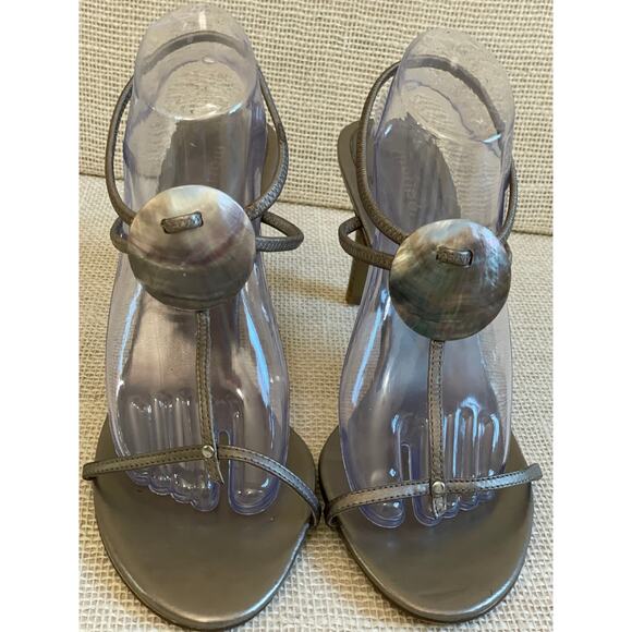 Maripe Leather Sandal Heels. Gold with Oyster detail, Stretch, Ladies size 11 - Picture 1 of 9